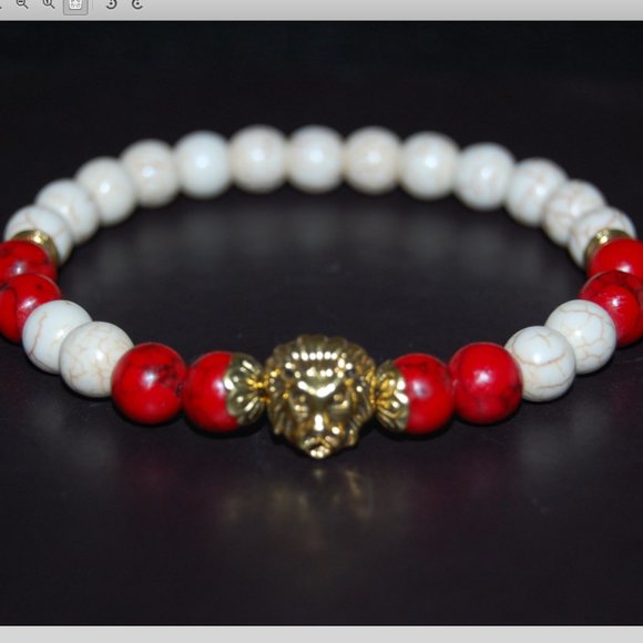 Lion Bracelet,Red and White Bracelet,Howlite 8mm Stone Beads,Red and White Lion - Picture 3 of 3